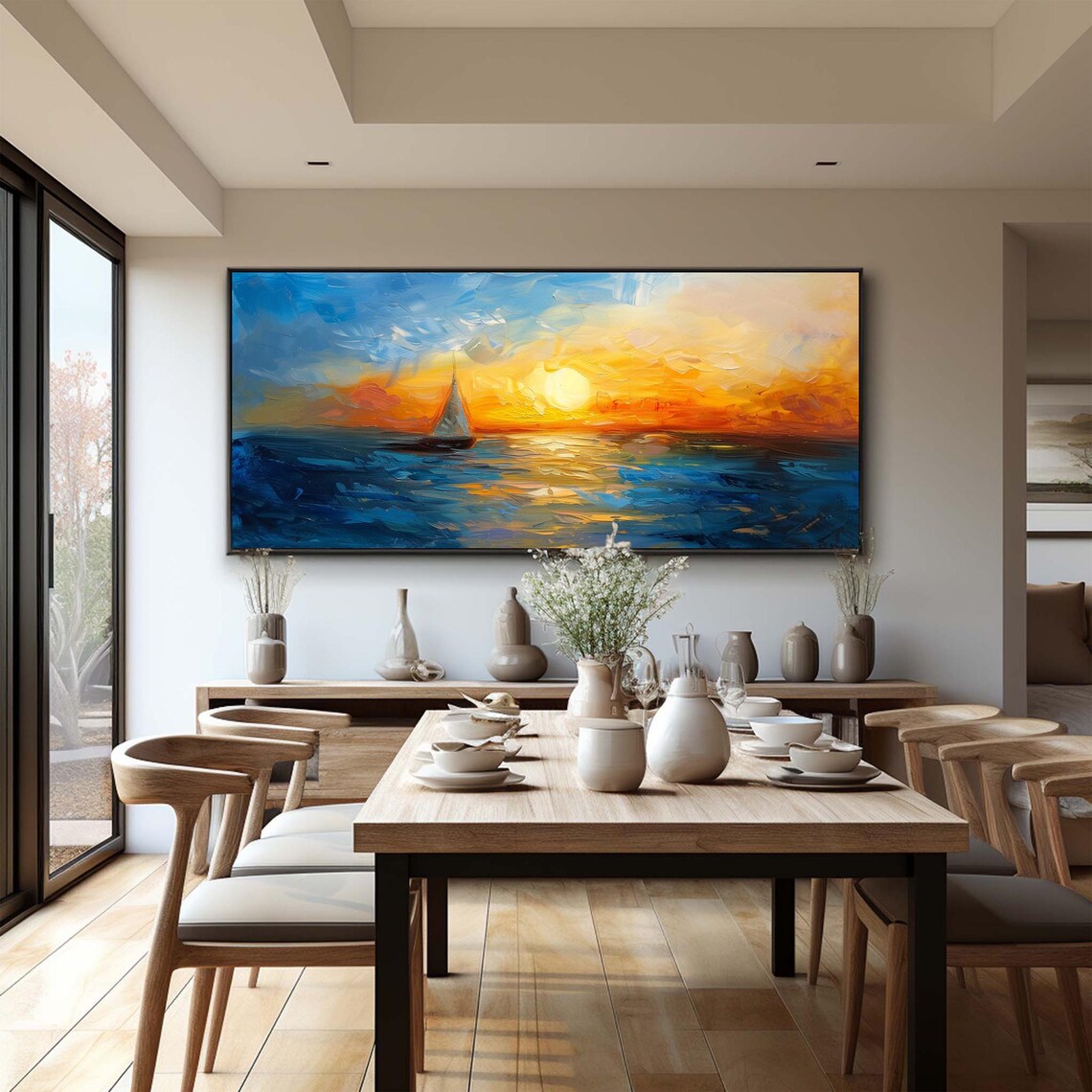 Lone Sailboat Golden Sunset Blue Ocean Impasto Seascape Oil Painting - Image 4