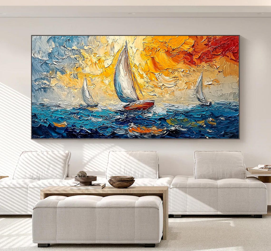 Three Sailboats Fiery Orange Sunset Textured Ocean Wave Oil Painting