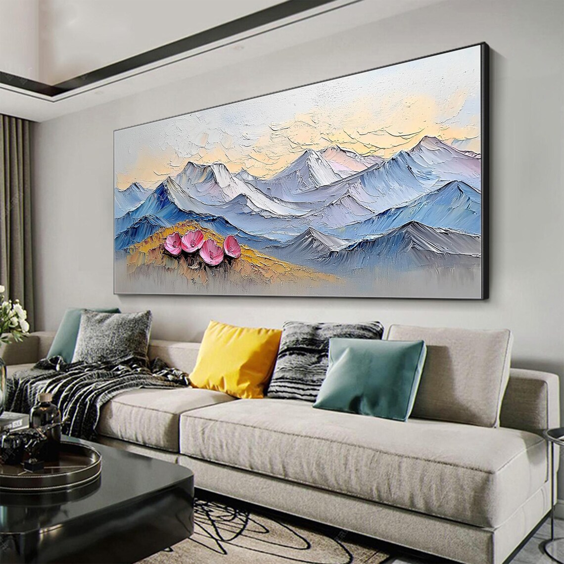 Pink Flowers Blue Mountain Range Textured Oil Painting Nature Wall Art - Image 3