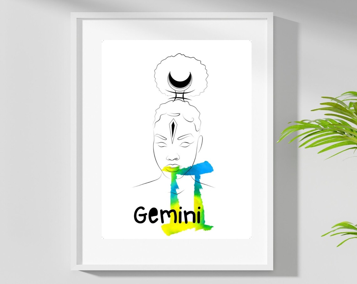 Gemini Zodiac Line Art Woman Watercolor Twin Glyph Star Sign Poster - Image 3