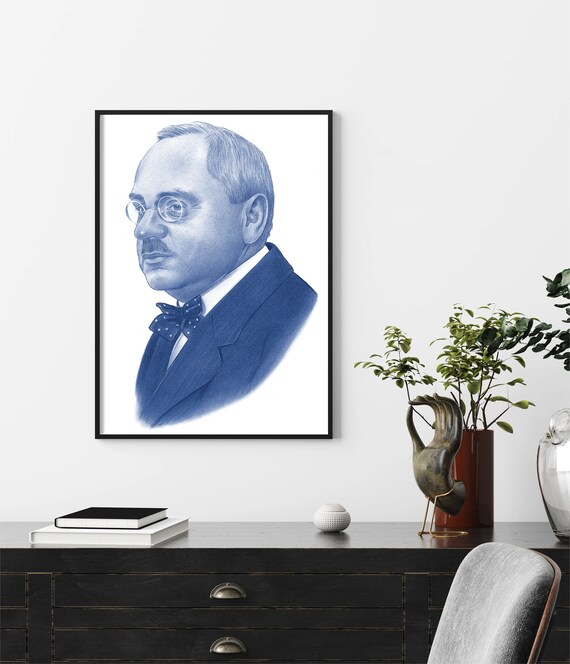 Alfred Adler Blue Ink Portrait Realistic Psychologist Wall Art