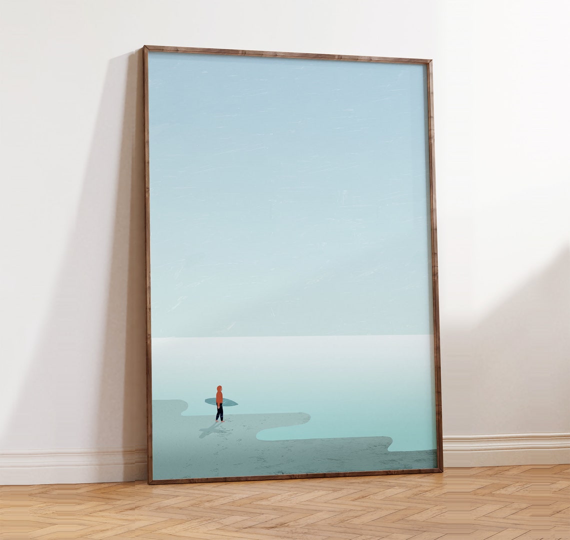 Surfer Walking Beach With Board Minimalist Ocean Illustration Poster