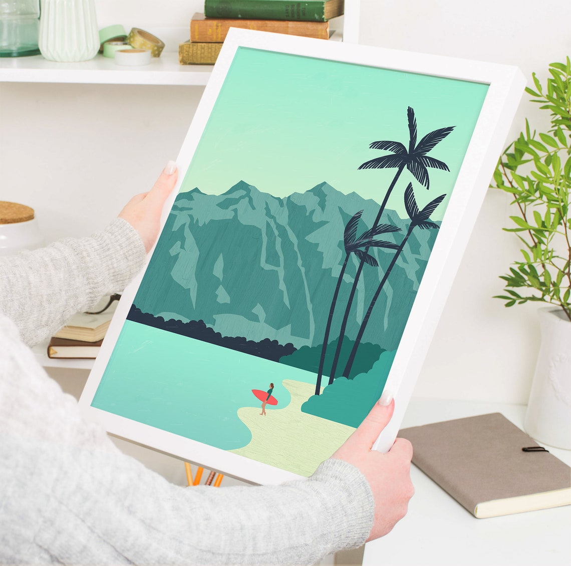 Tropical Island Surf Beach Palm Trees Aqua Lagoon Art Poster - Image 4