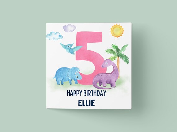 Personalized Dinosaur Fifth Birthday Card With Triceratops and Name Print
