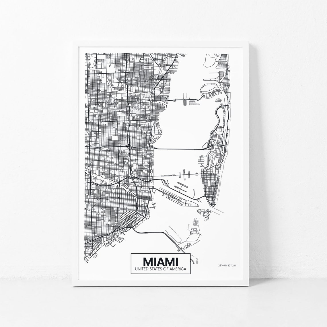 Miami City Map Street Art Black White Minimalist Travel Poster