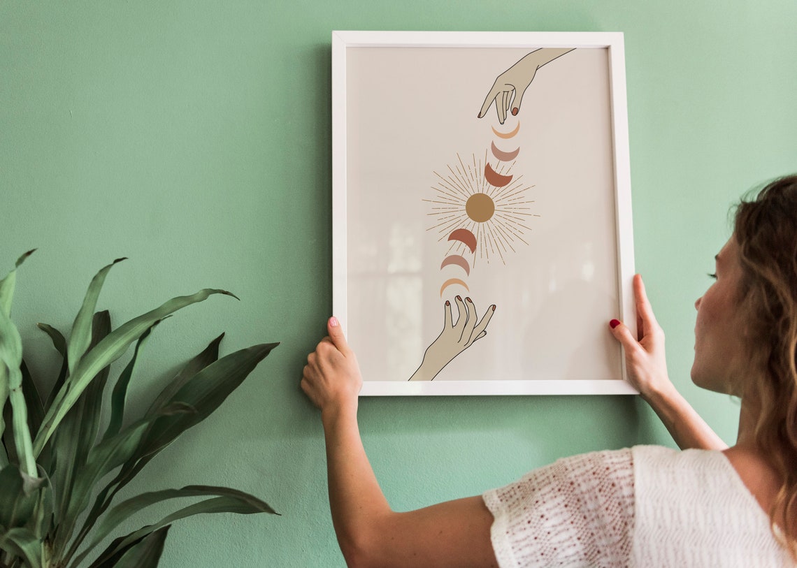 Moon Phases Sun Hands Celestial Boho Minimalist Spiritual Poster - Image 3