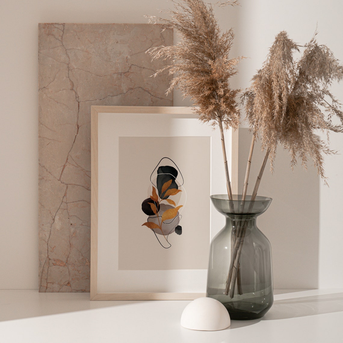Abstract Botanical Black Beige Gold Leaf Minimalist Art Print - Image 2
