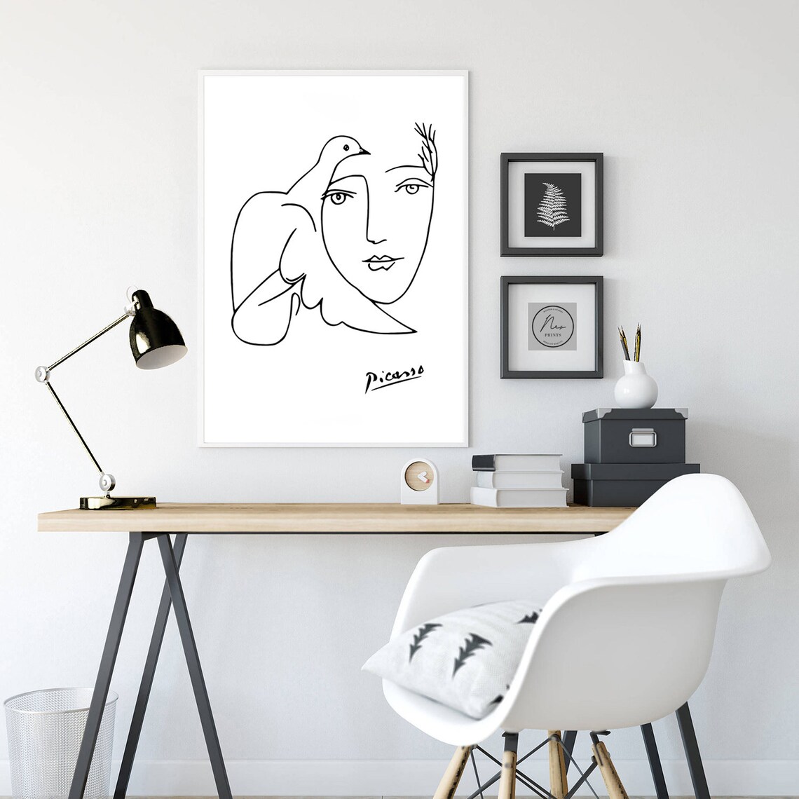 Picasso Style Woman Face Dove Line Art Sketch Minimalist Poster - Image 2