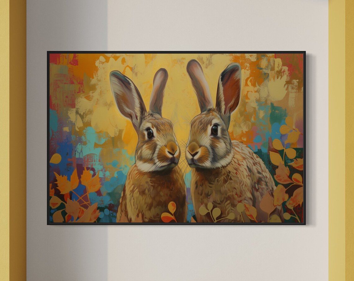 Floral Bunnies Vibrant Color Art Abstract Animal Family Painting Print Rabbit Portrait Rabbit Painting Print Cute Bunny Lover Gift