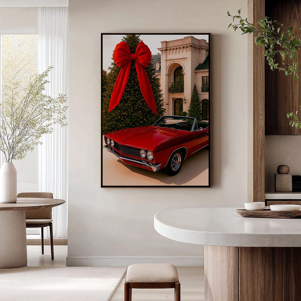 Vintage Red Classic Muscle Car With Christmas Tree Big Bow Poster