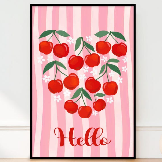 Cherry Art Print Colorful Red Heart Hello Poster Girls Room Kids Nursery Coquette Decor 5x7 8x10 11x14 18x24 24x36