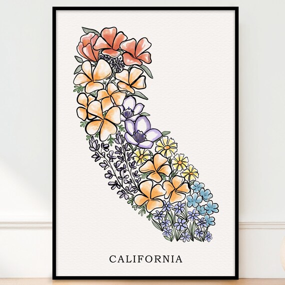 State Shape Floral Print Wildflowers Travel Map Poster Orange Pink Purple Flowers 5x7 8x10 11x14 16x20 18x24 24x36