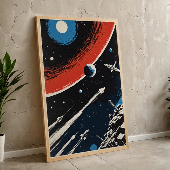 Retro Space Adventure Art Print Poster 24x36 Futuristic Scifi Wall Bold Planetary Decor Rocket Ship