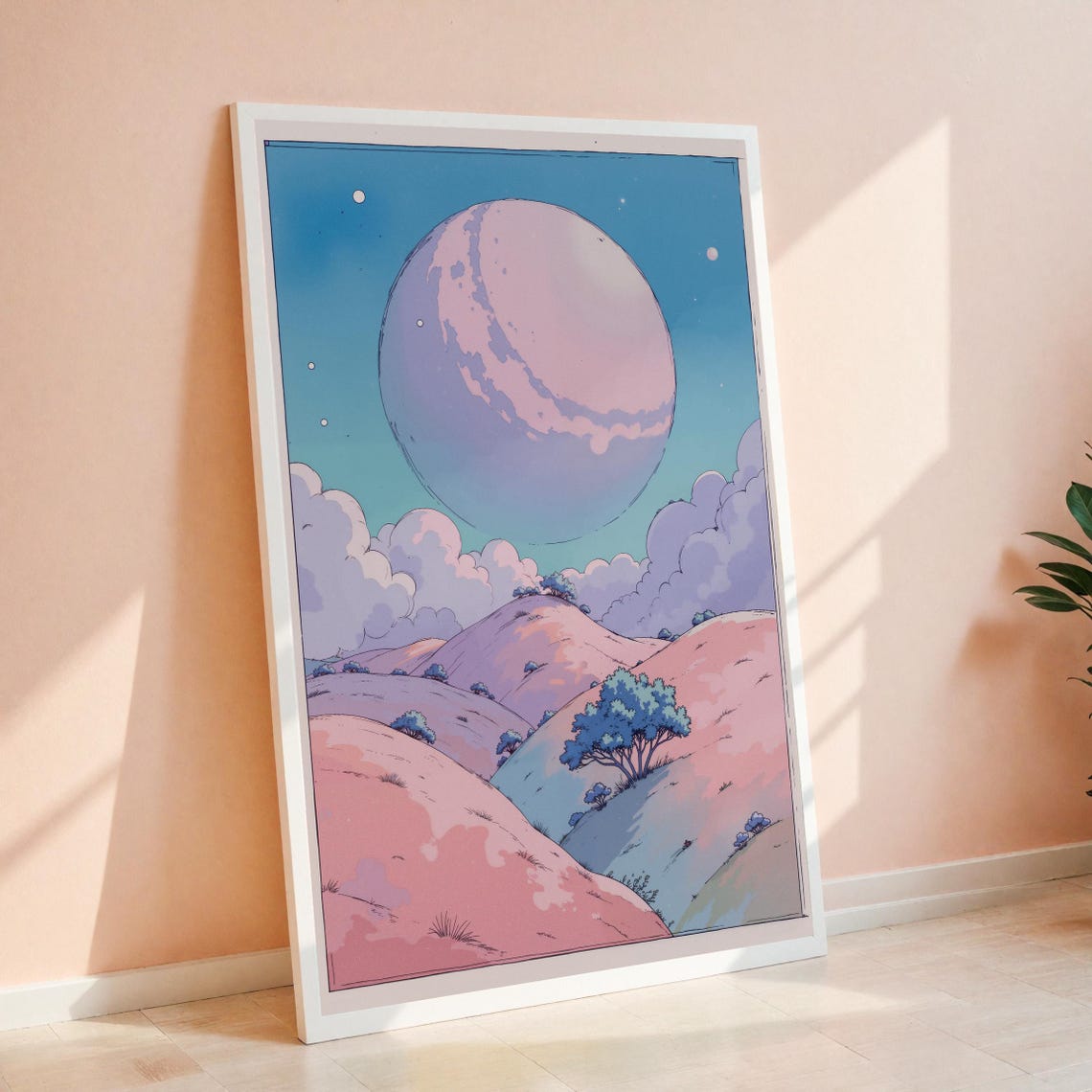 Dreamy Pastel Moon Hills Fantasy Landscape Art Print Home Decor