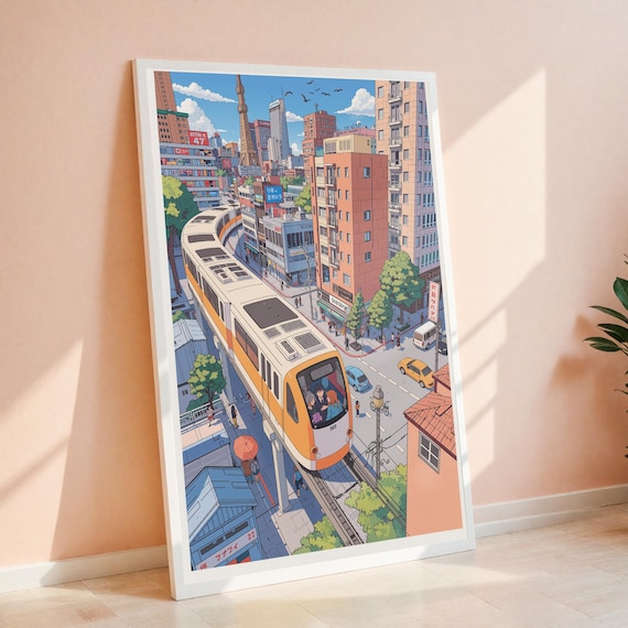 Lofi Anime Cityscape Monorail Train Urban Japan Street Poster