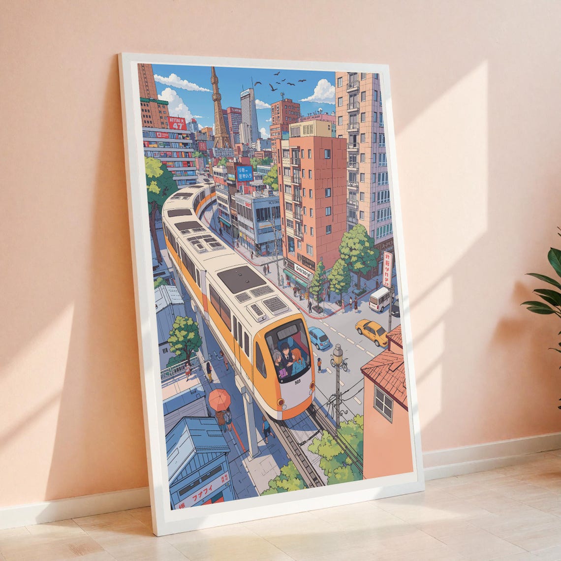 Lofi Anime Cityscape Monorail Train Urban Japan Street Poster
