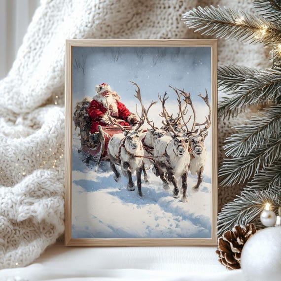 Vintage Santa Sleigh Reindeer Team Snowy Night Ride Christmas Poster