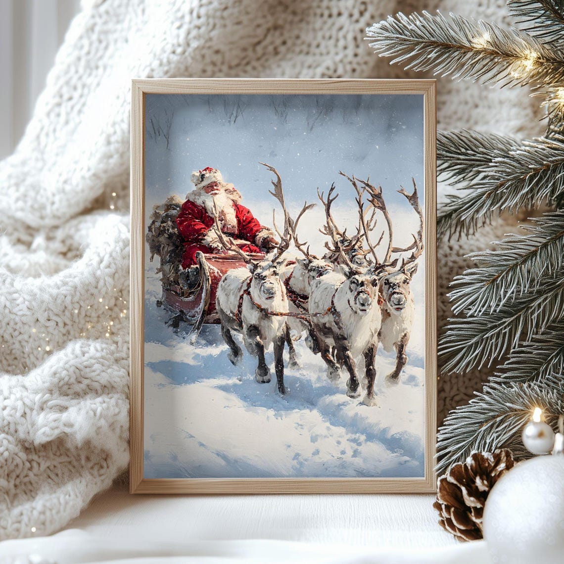 Vintage Santa Sleigh Reindeer Team Snowy Night Ride Christmas Poster