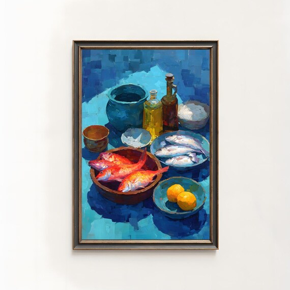 Vibrant Seafood Still Life Oil Painting Mediterranean Kitchen Art Poster
