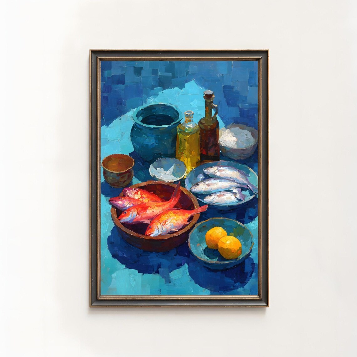 Vibrant Seafood Still Life Oil Painting Mediterranean Kitchen Art Poster