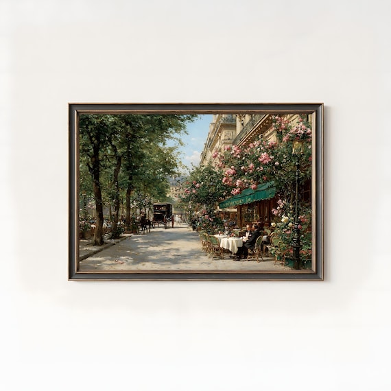 Romantic Parisian Cafe Street Roses Vintage Oil Painting Art Poster