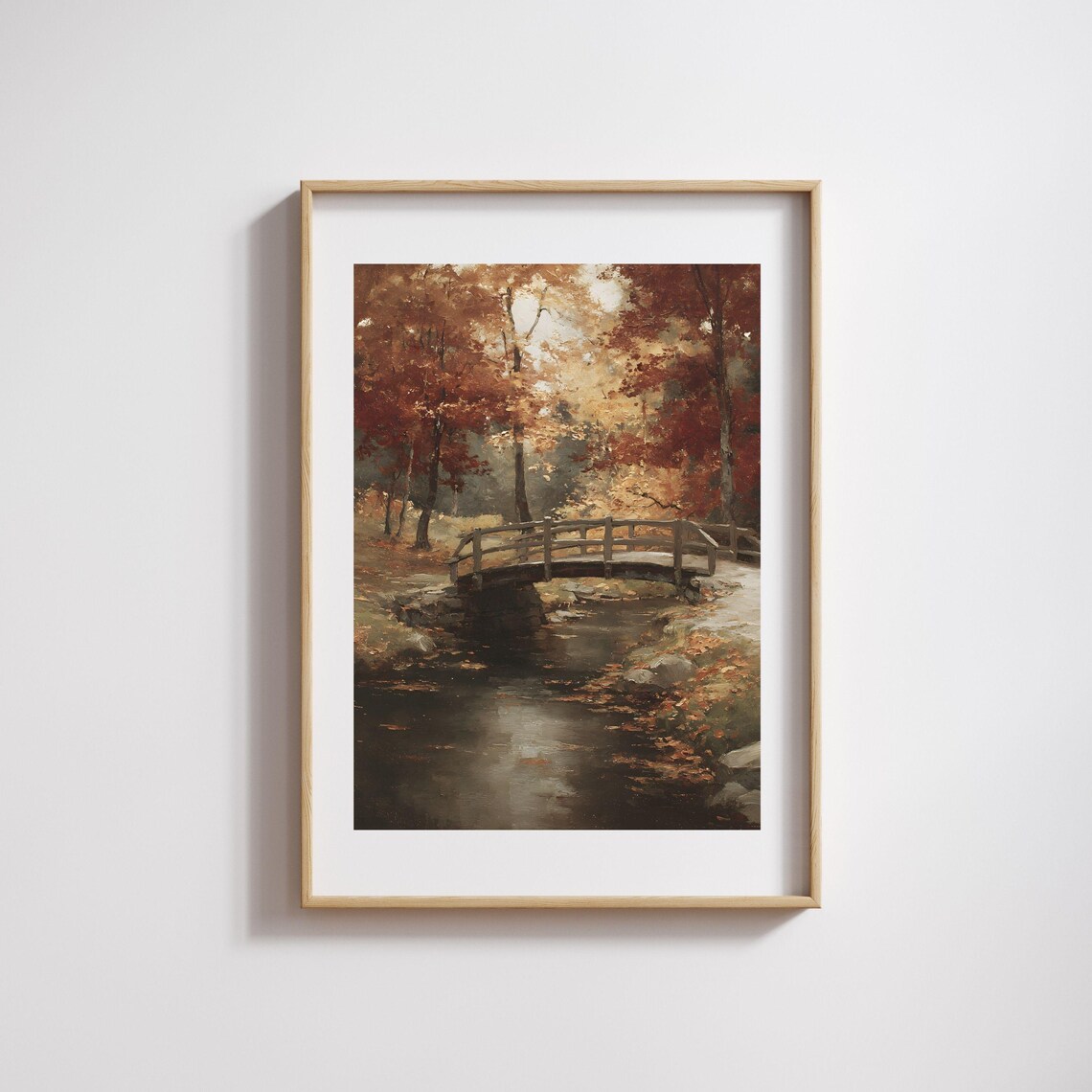Autumn Bridge Oil Painting Rustic Moody Fall Landscape Wall Art 217