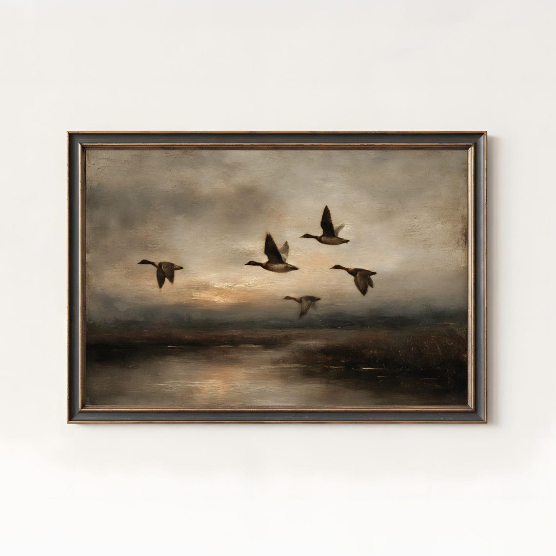Five Ducks Flying at Dusk Over Marsh Moody Vintage Wildlife Print