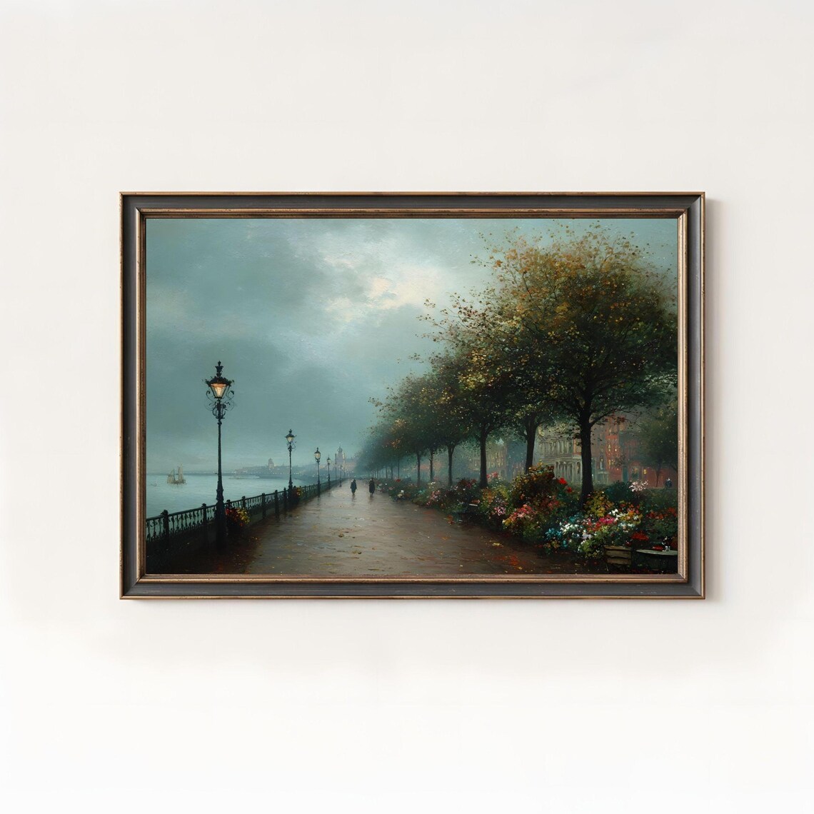 Vintage Seaside Promenade Autumn Coastal European Oil Painting Poster