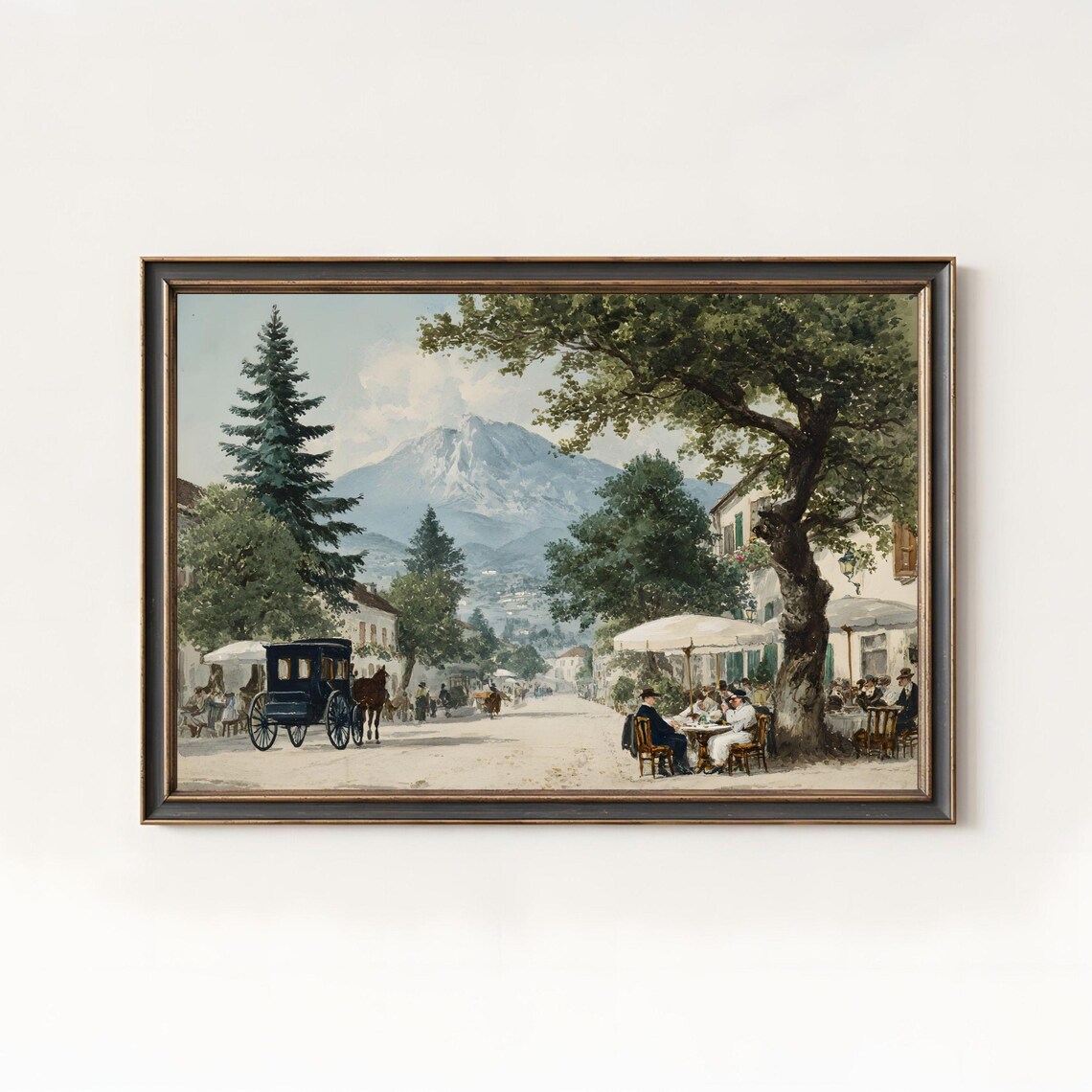 Vintage Alps Town Art Print, European Cafe Scene