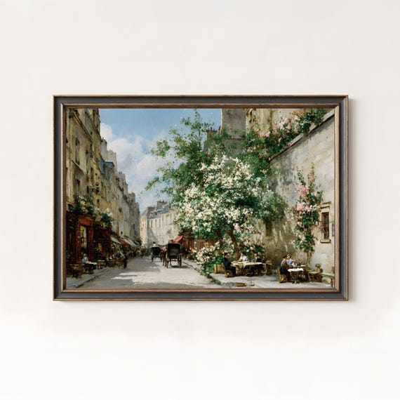 Vintage Parisian Cafe Oil Painting Spring Cityscape Wall Art Print 260