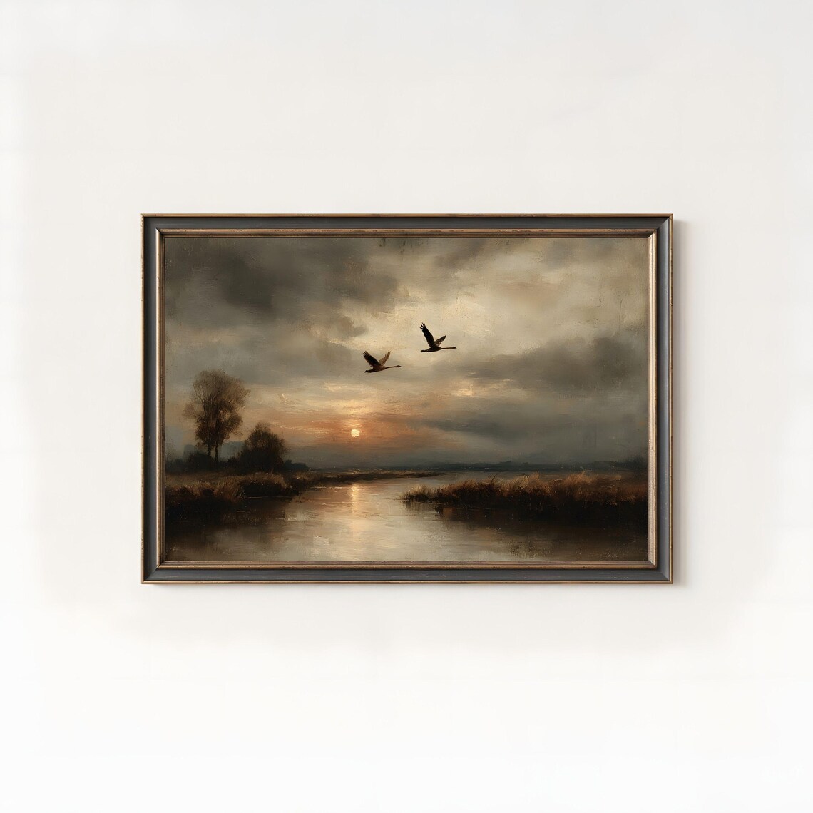 Flying Swans Sunset River Wetlands Moody Oil Painting Wildlife Art Poster