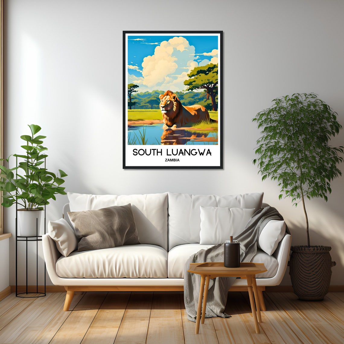 South Luangwa Zambia Resting Lion Safari Waterhole Golden Sky Poster - Image 2