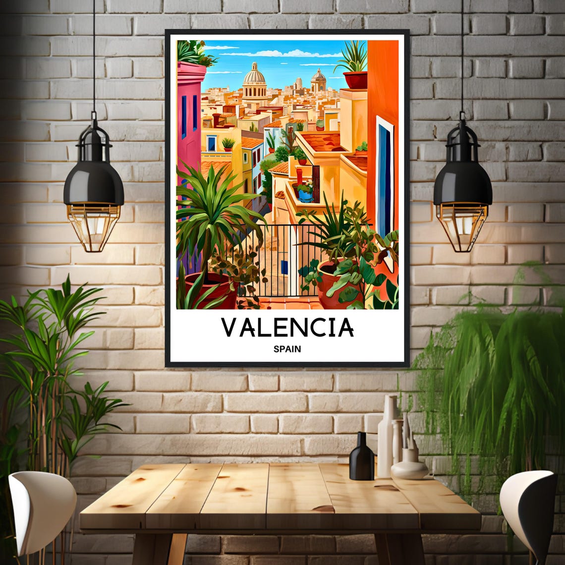 Valencia Spain Rooftop Terrace Poster with Colorful Domes and Palms - Image 3