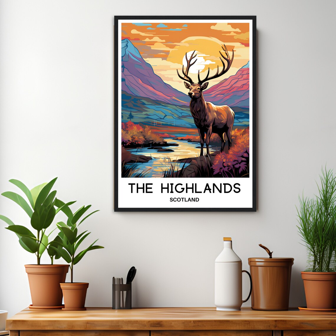 Scottish Highlands Stag at Sunset Mountain Valley Travel Art Poster - Image 3
