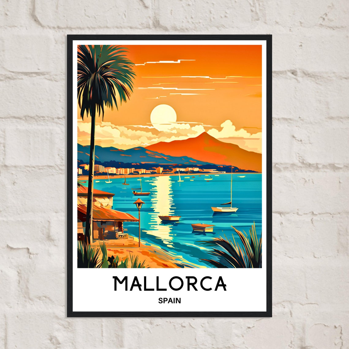 Mallorca Spain Sunset Beach Palm Boats Vintage Travel Poster - Image 3