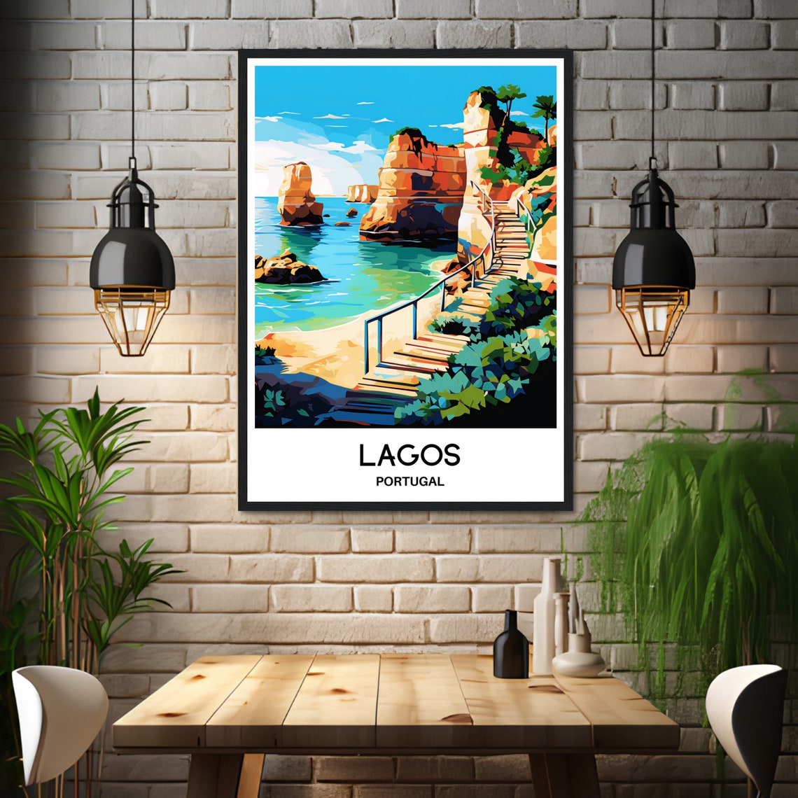 Lagos Portugal Golden Sea Cliffs Staircase Beach Travel Poster - Image 3