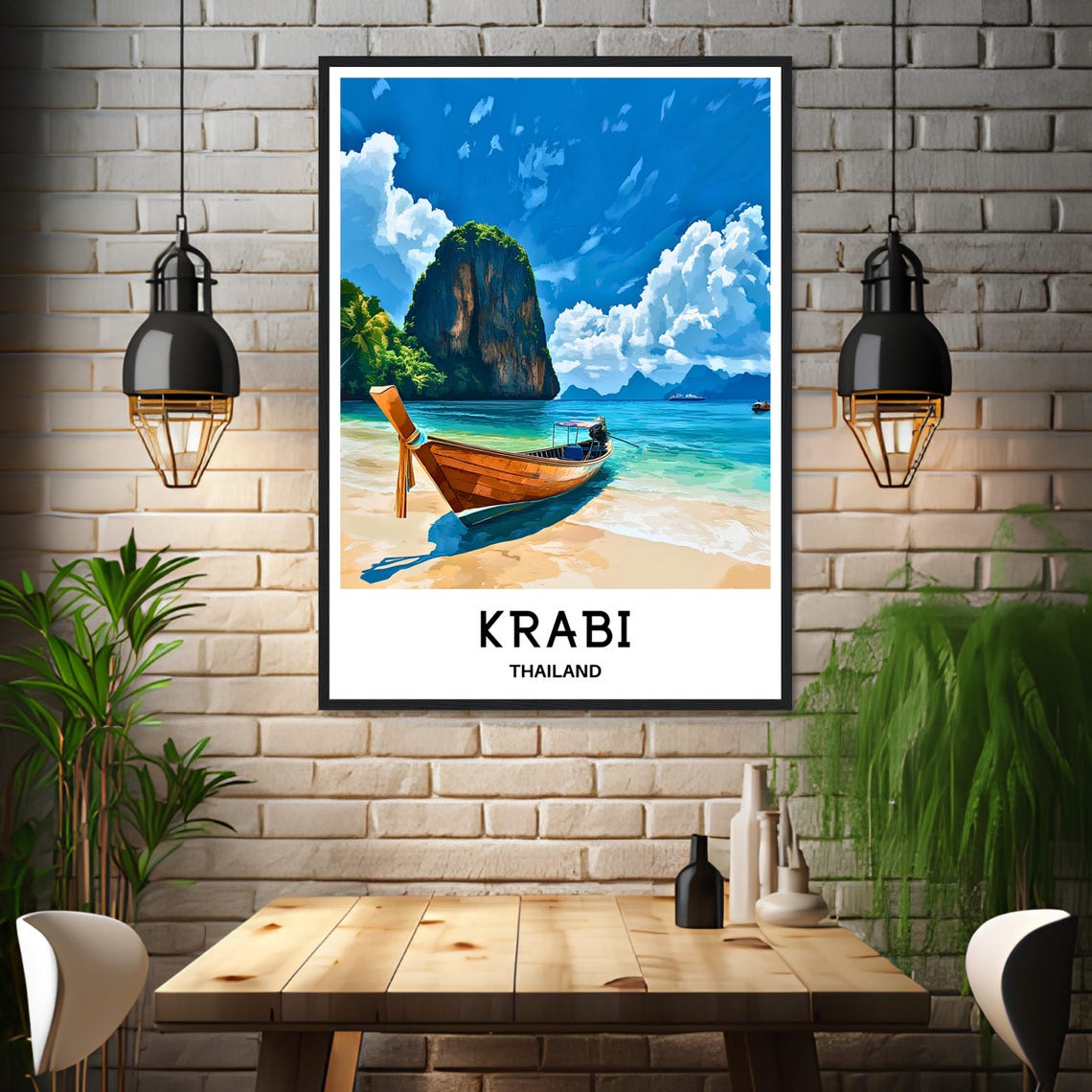 Krabi Thailand Beach Poster with Longtail Boat and Limestone Cliffs - Image 3