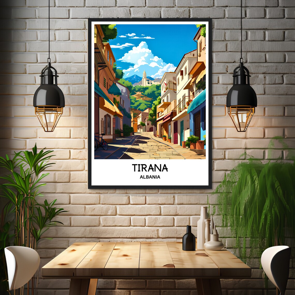 Tirana Albania Sunlit Old Cobblestone Street City Travel Poster - Image 3