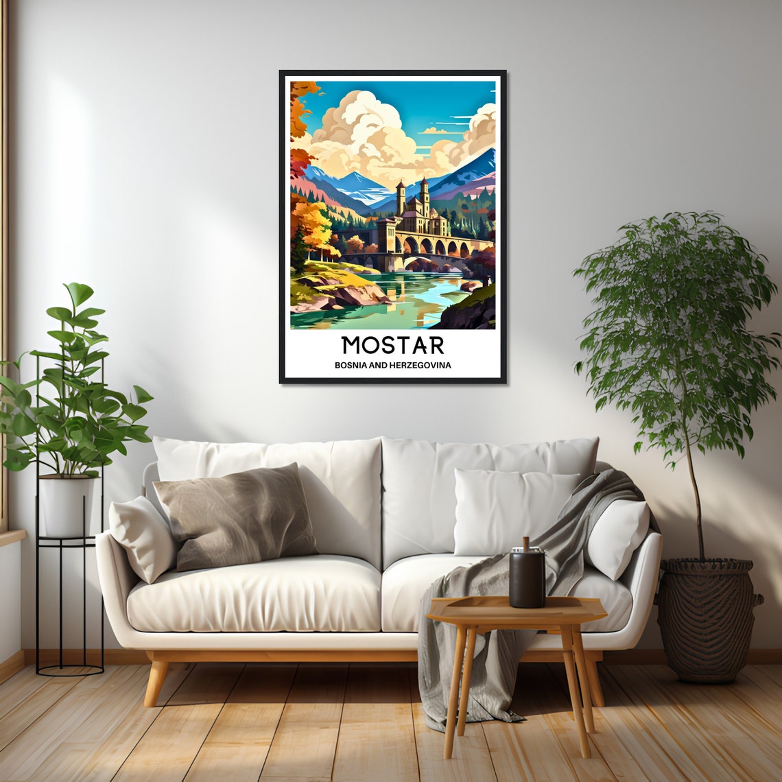 Mostar Bosnia Old Bridge Autumn Mountains River View Art Poster - Image 3