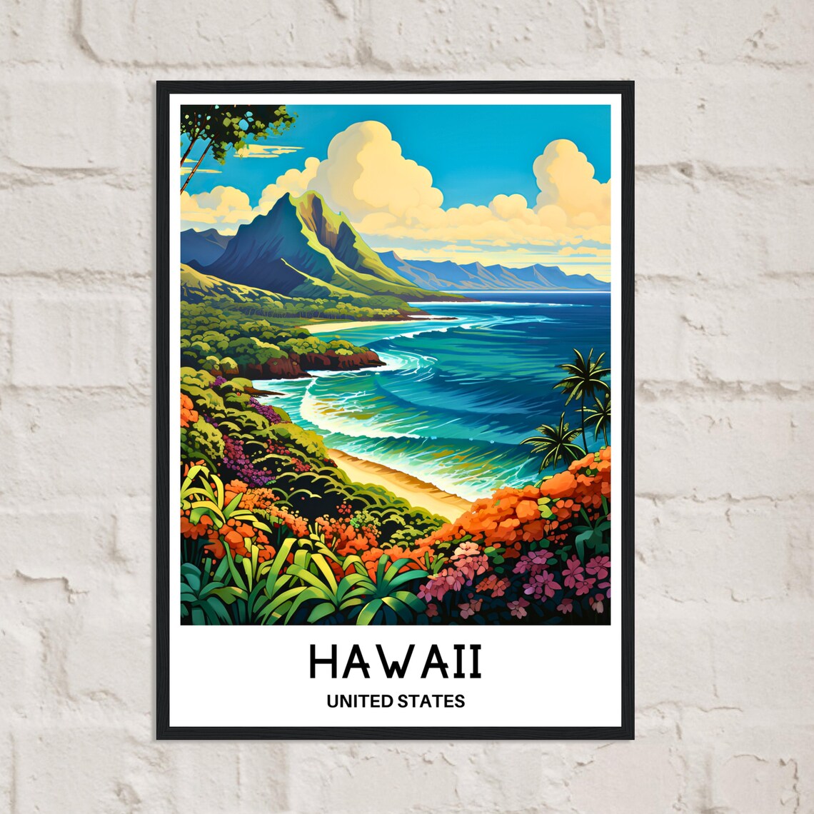 Hawaii United States Travel Poster of a Lush Tropical Coastline at Day - Image 2