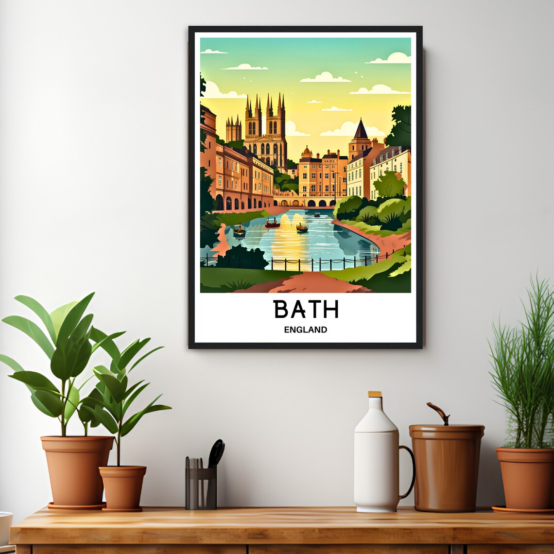 Bath England Abbey River Boats Golden Sunset Scene Travel Poster - Image 3