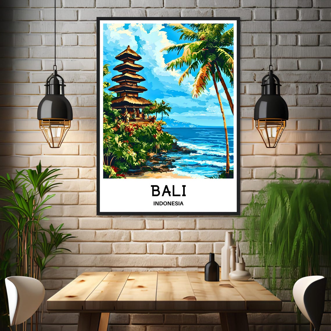 Bali Indonesia Temple Pagoda Palm Trees Ocean Coastline Travel Poster - Image 3