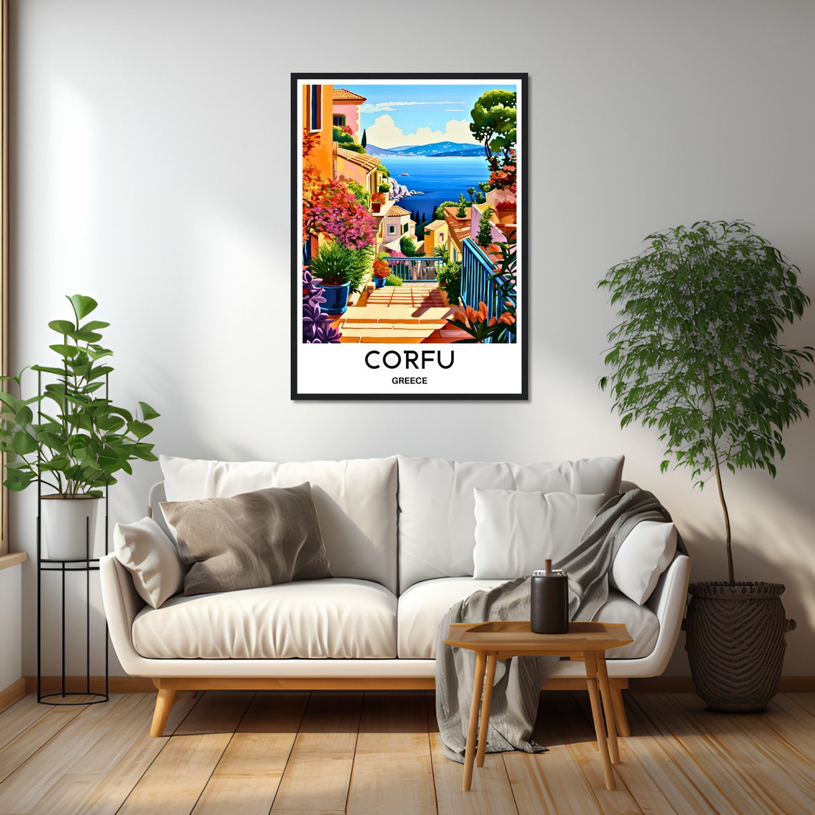 Corfu Greece Colorful Village Stairs by the Seaside Travel Poster - Image 2