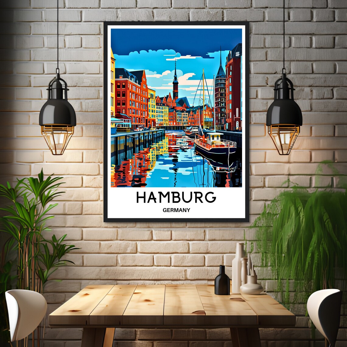 Hamburg Germany Colorful Harbor Canal with Boats Travel Poster - Image 3
