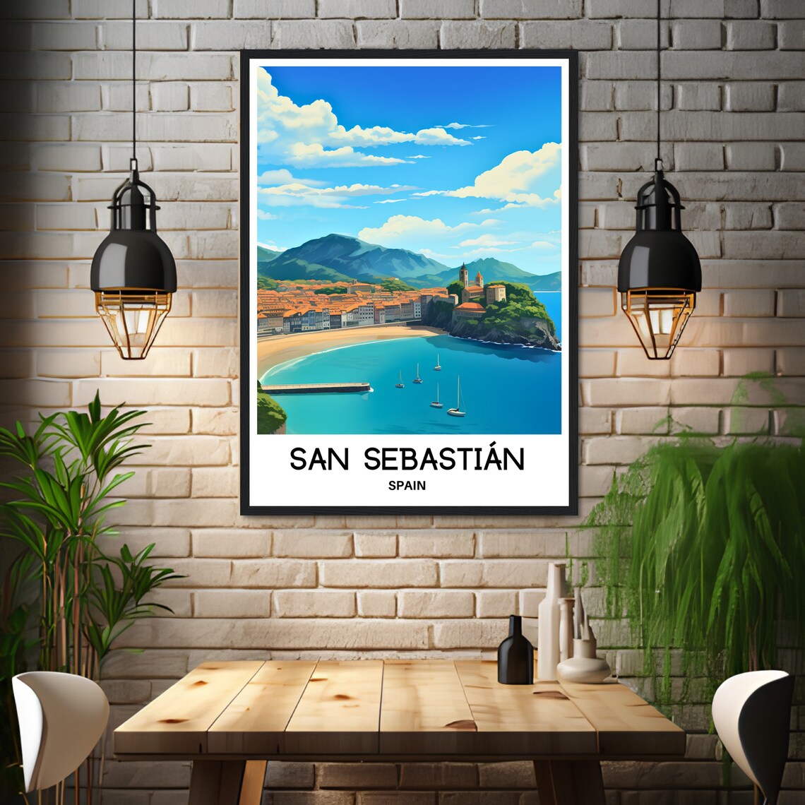 San Sebastian Spain Curved Bay Beach Sailboats Old Town Poster - Image 3