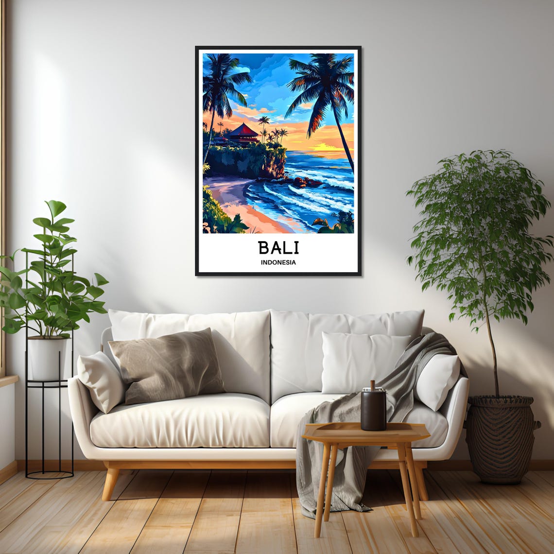 Bali Indonesia Sunset Beach Palm Trees Cliff Temple Travel Poster - Image 2