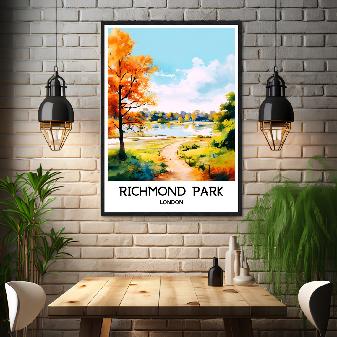 Richmond Park London Autumn Lake Path Watercolor Travel Poster - Image 3