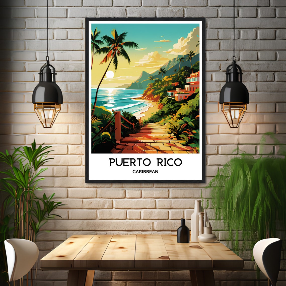 Puerto Rico Caribbean Tropical Golden Beach Sunset Travel Poster - Image 3