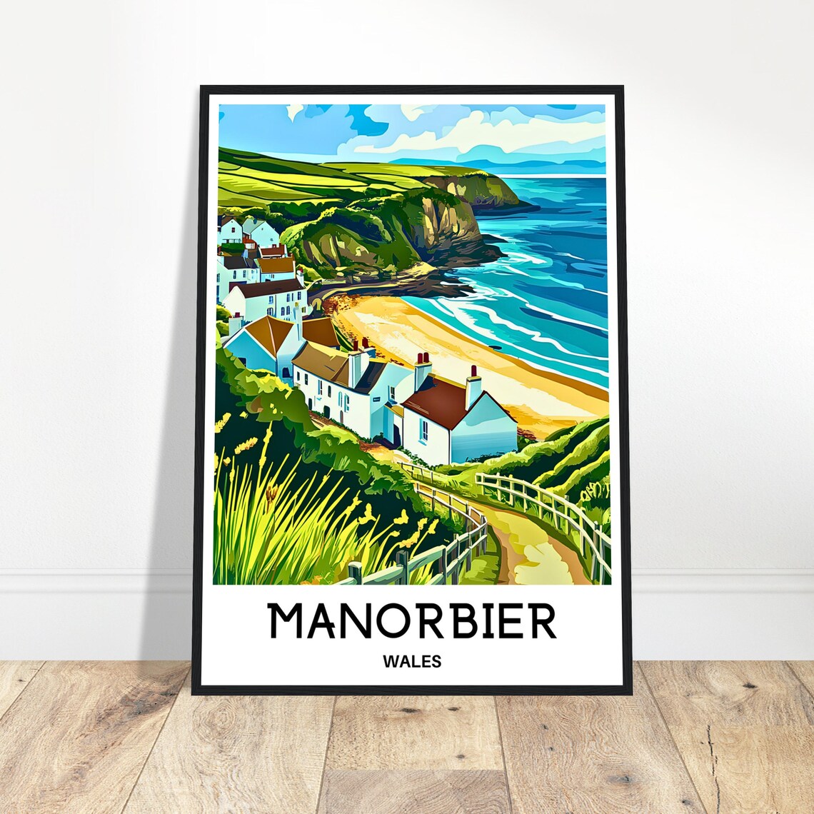 Manorbier Wales Colorful Coastal Village Illustration Travel Poster