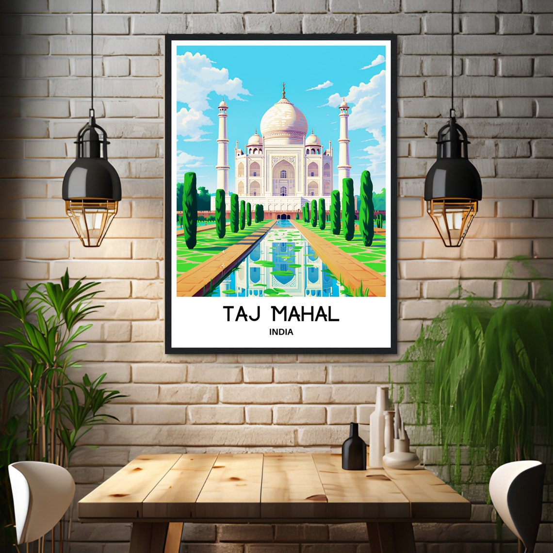 Taj Mahal India Reflecting Pool Garden Illustration Travel Poster - Image 3